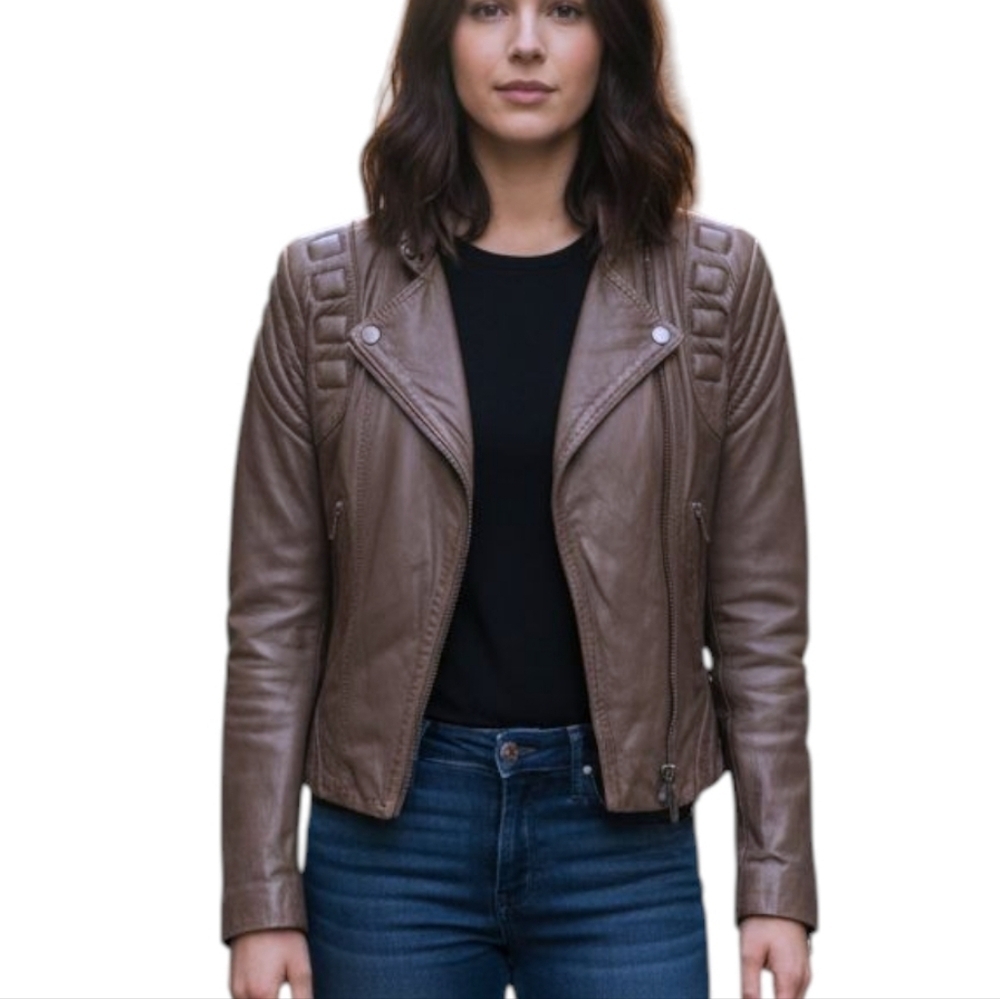 BCBGMaxAzria Moto Jacket Women XS Taupe Genuine Leather Biker